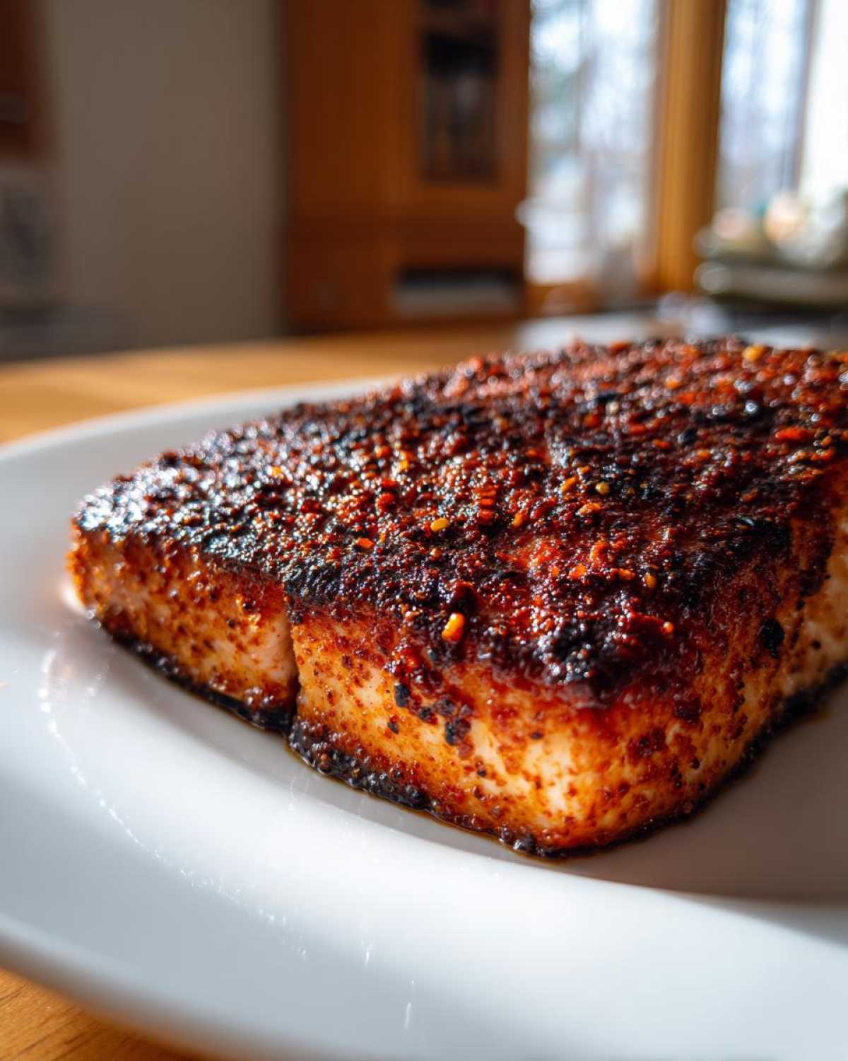 Close-up of a thick fillet of blackened salmon showing a dark, spicy crust on a white plate.