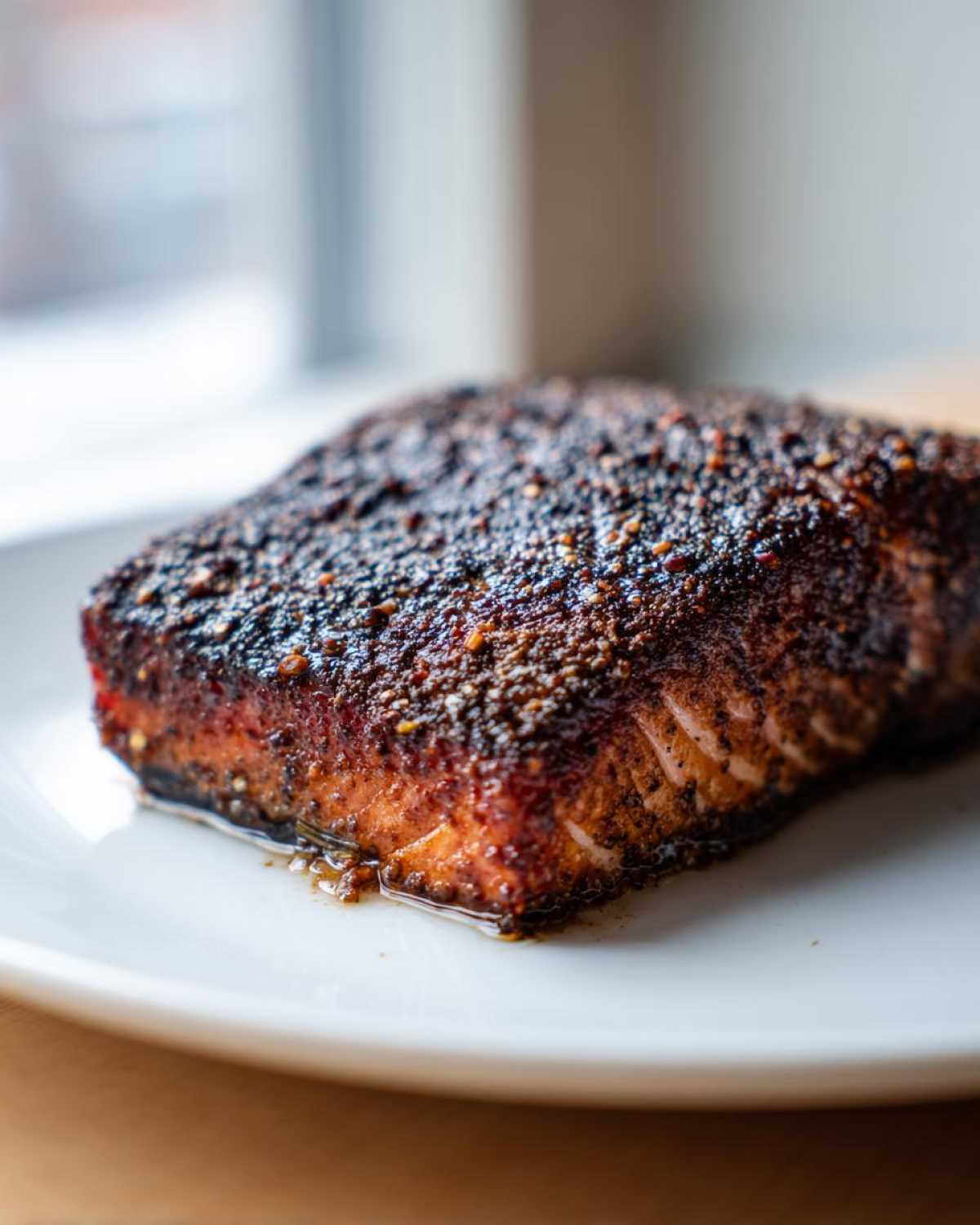 Close-up of a thick, perfectly cooked piece of blackened salmon with a dark, spicy crust resting on a white plate.