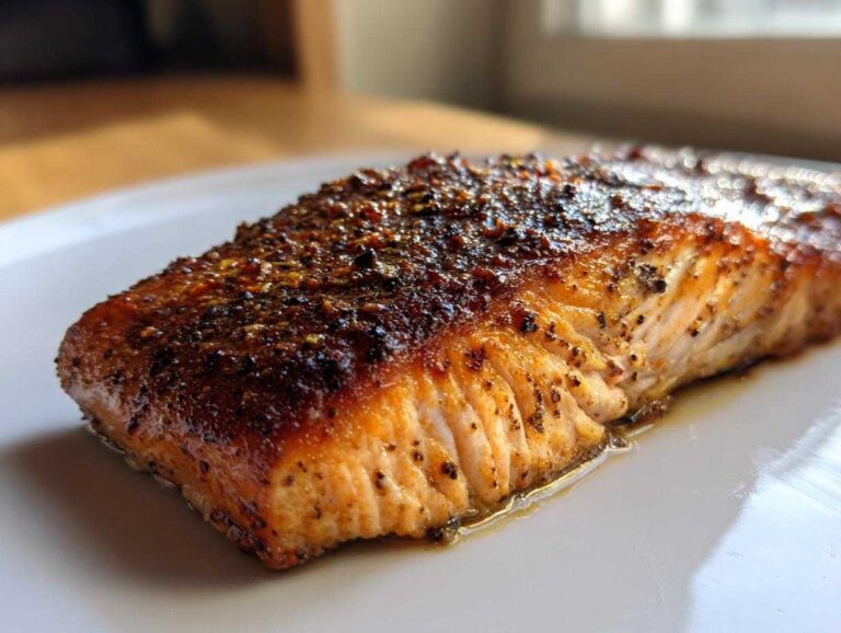 Close-up of a perfectly cooked piece of blackened salmon with a dark, spicy crust resting on a white plate.