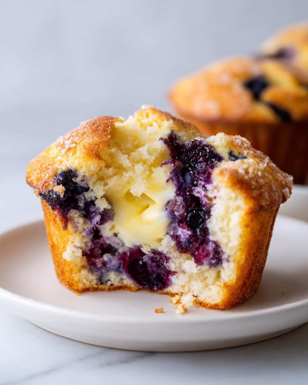 Close-up of a blueberry cream cheese muffin broken open showing the rich cream cheese swirl filling inside.