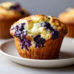 Close-up of a golden brown blueberry cream cheese muffin with a visible swirl of cream cheese on top.