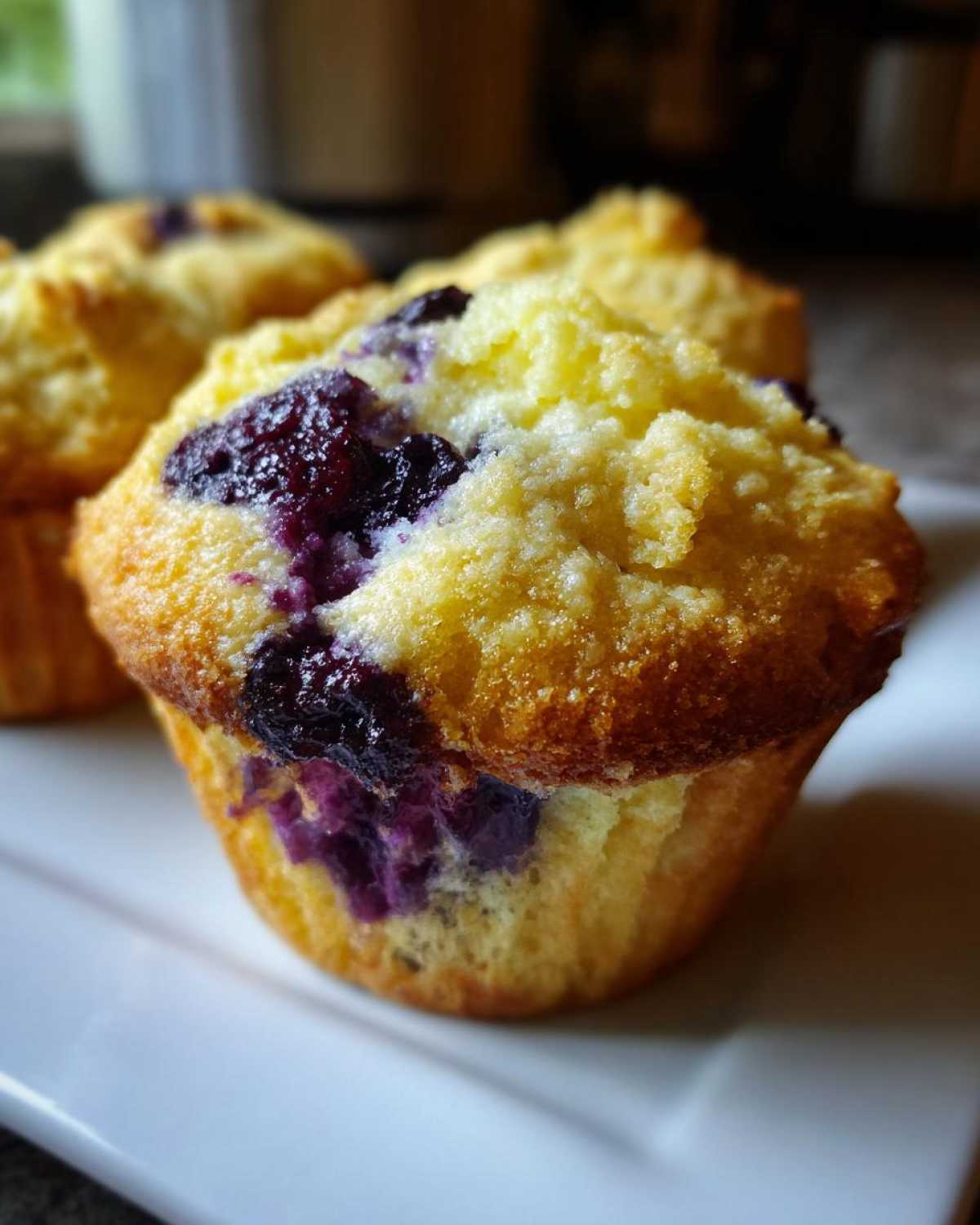 Close-up of a freshly baked blueberry cream cheese muffins with a golden top and visible purple fruit.