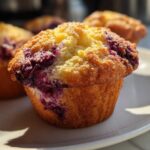 Close-up of a golden-brown blueberry cream cheese muffin with a slightly cracked top, sitting on a white plate.