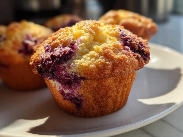 Close-up of a golden-brown blueberry cream cheese muffin with a slightly cracked top, sitting on a white plate.