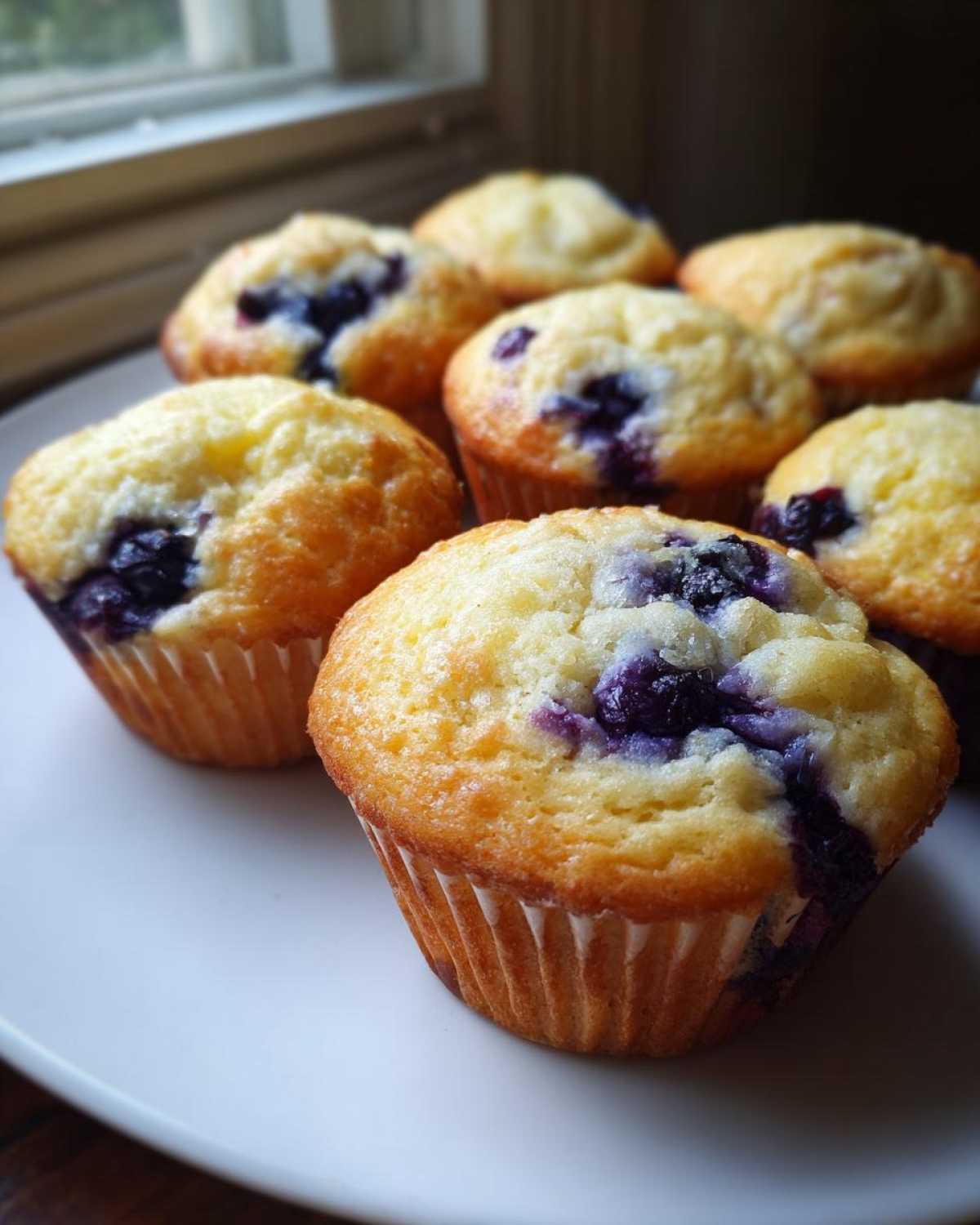 A close-up of several golden-topped blueberry protein muffins arranged on a white plate near a window.