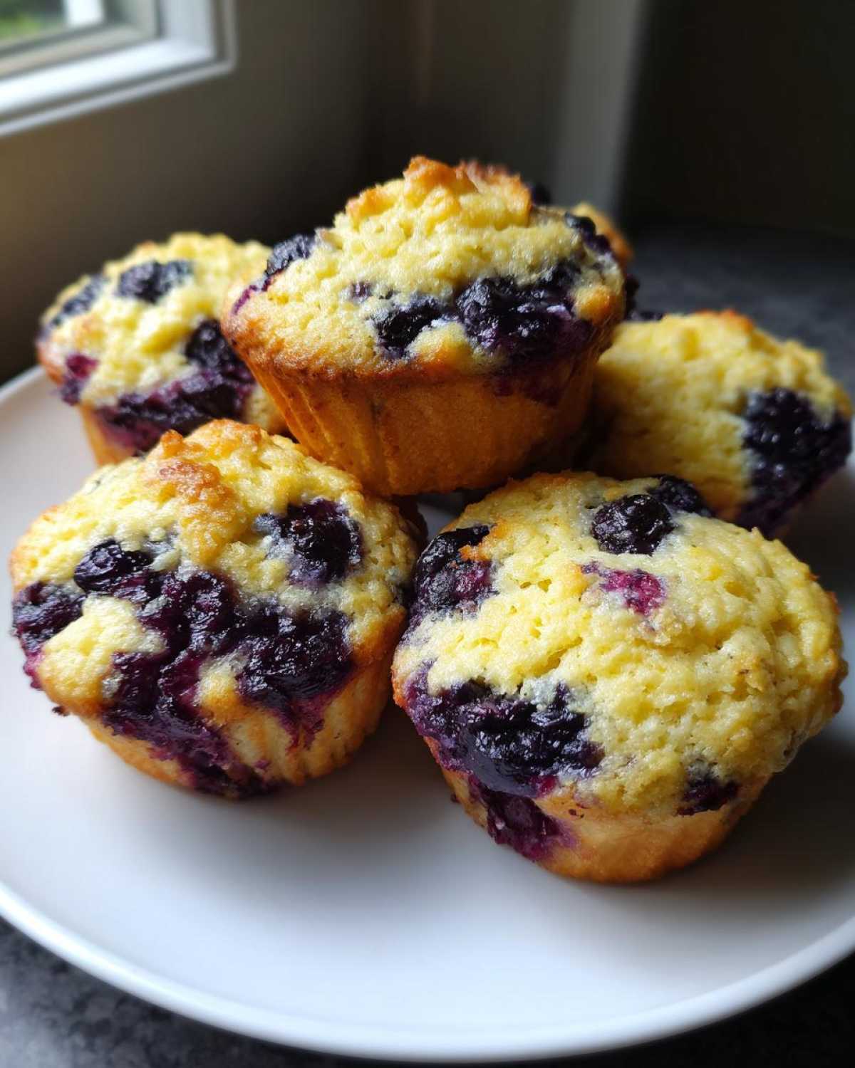 A stack of five moist blueberry protein muffins with golden tops sitting on a white plate.