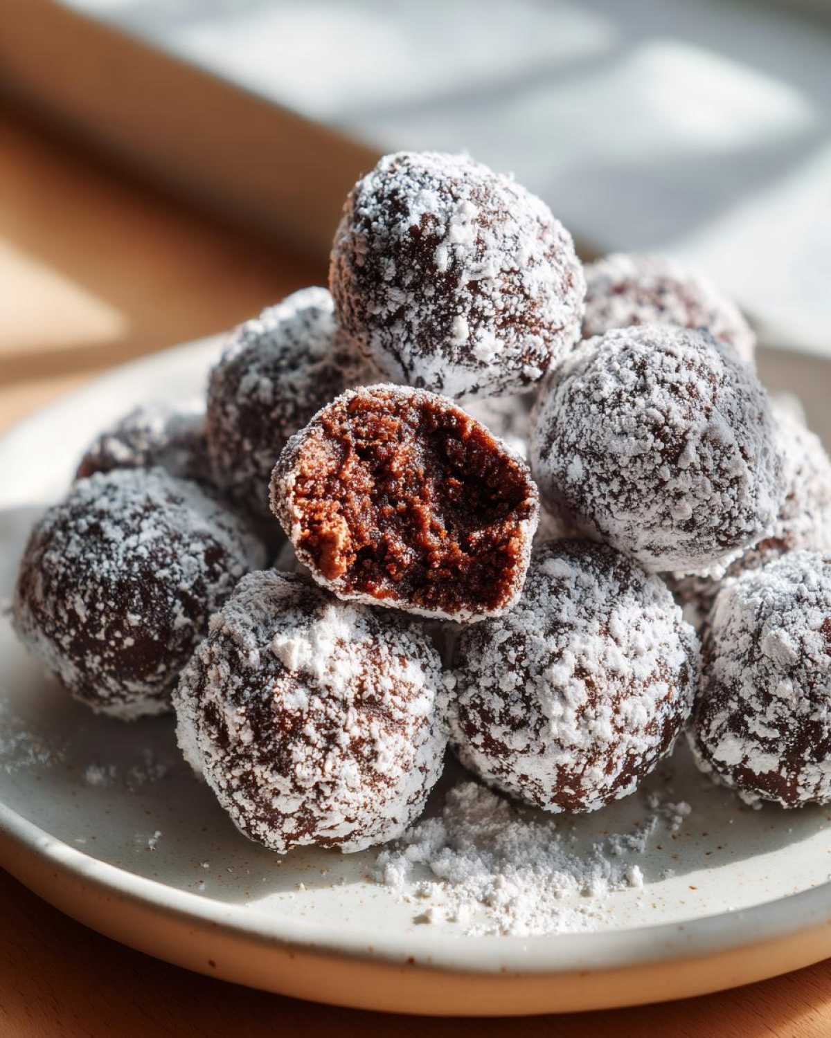 A pile of rich chocolate bourbon balls dusted heavily with white powdered sugar, one is bitten into.