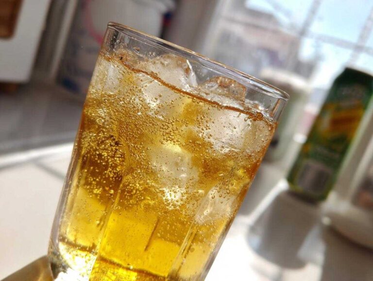 Close-up of a tall glass filled with bubbly, golden lemonade and ice cubes, suggesting a refreshing drink.