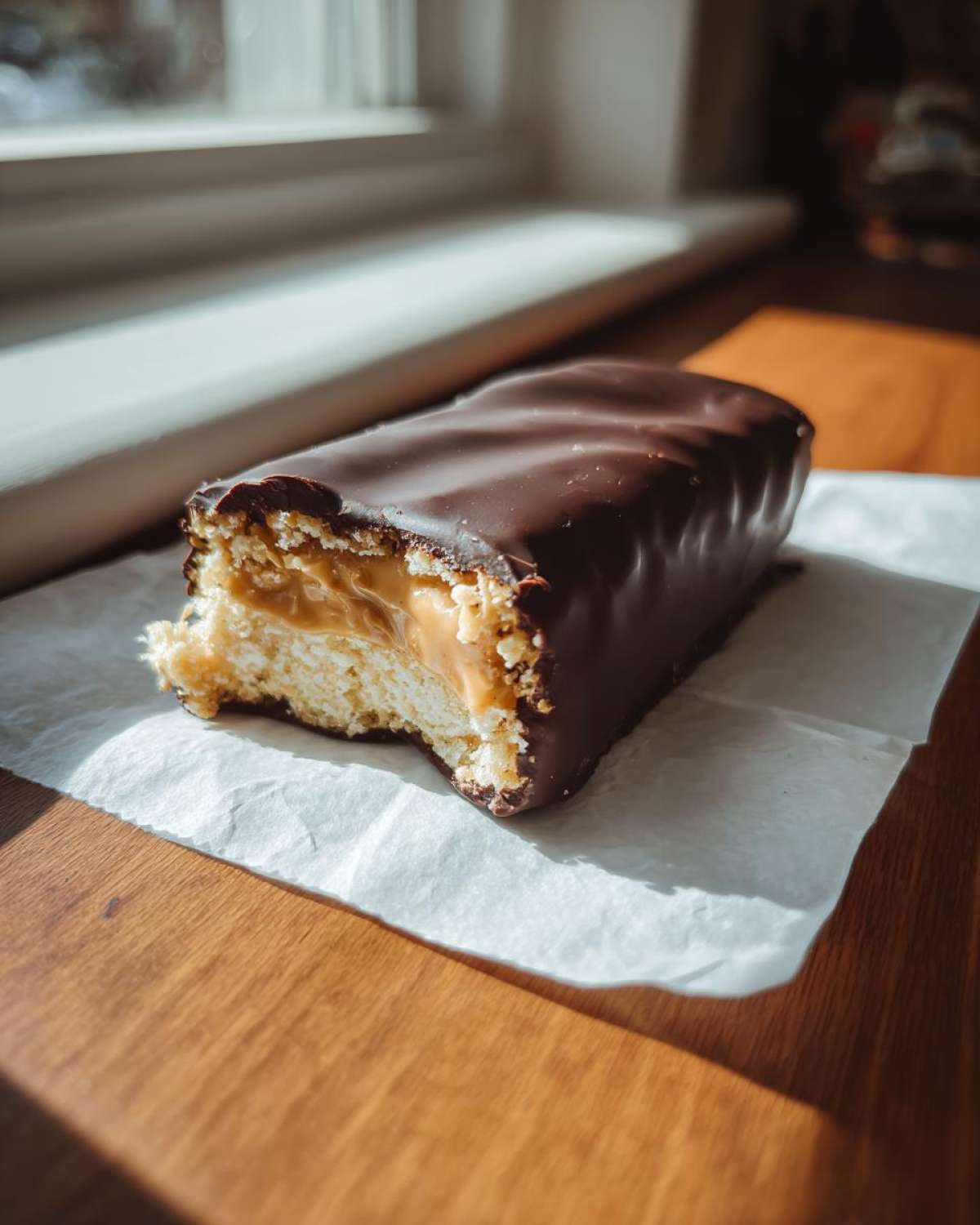 A chocolate-covered bar with a creamy caramel center, resembling a buckeye graham crackers treat, resting on parchment paper.