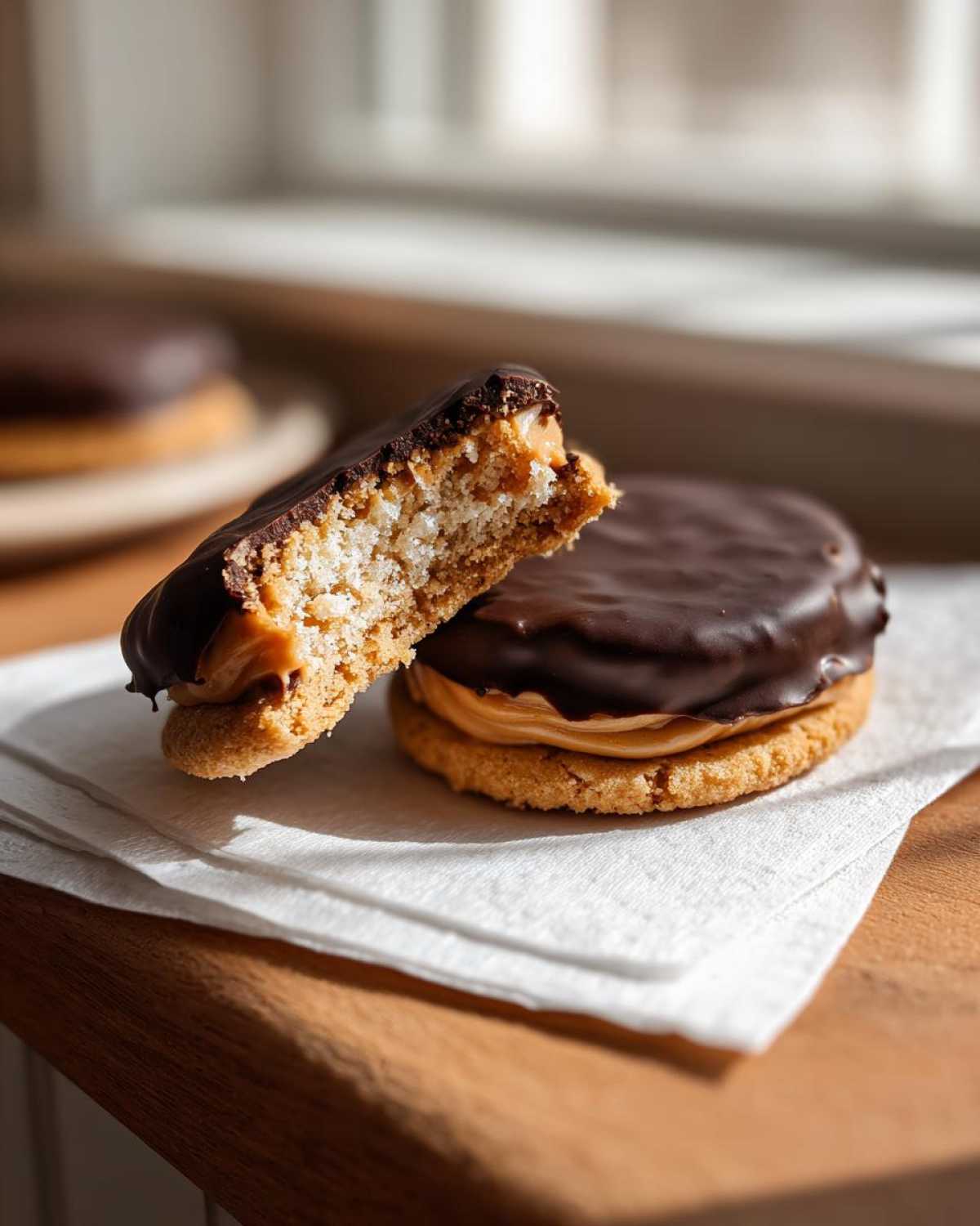 Close-up of buckeye graham crackers cookie, one whole and one broken in half showing peanut butter filling and chocolate coating.
