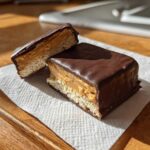 Two halves of a chocolate-covered buckeye graham crackers bar showing the peanut butter filling and graham cracker base.