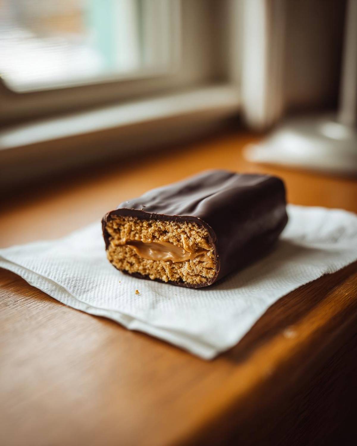 A chocolate-covered bar, cut in half to show the graham cracker texture and creamy peanut butter filling of the buckeye graham crackers.