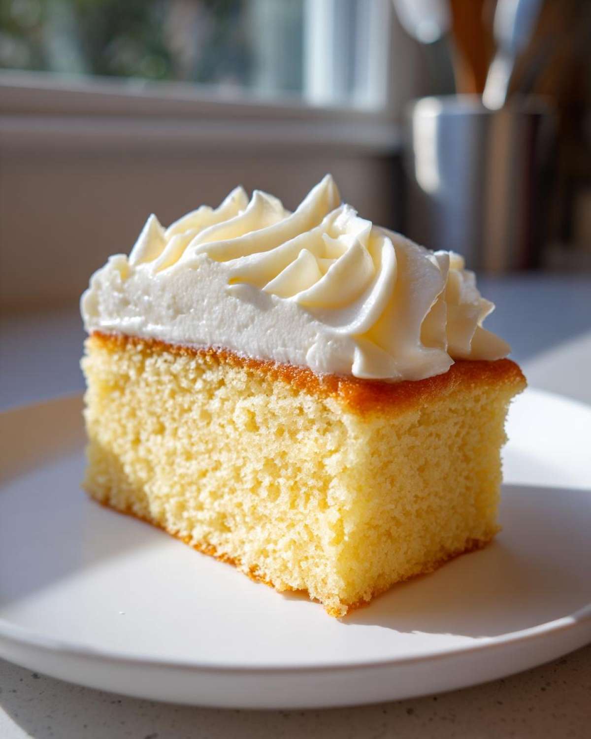 A square slice of yellow cake topped generously with piped swirls of creamy vanilla buttercream frosting.