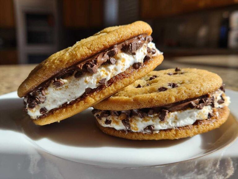 Divine 250-Calorie Cannoli Cookies Two delicious cannoli cookies sandwiched with creamy filling and mini chocolate chips, resting on a white plate.