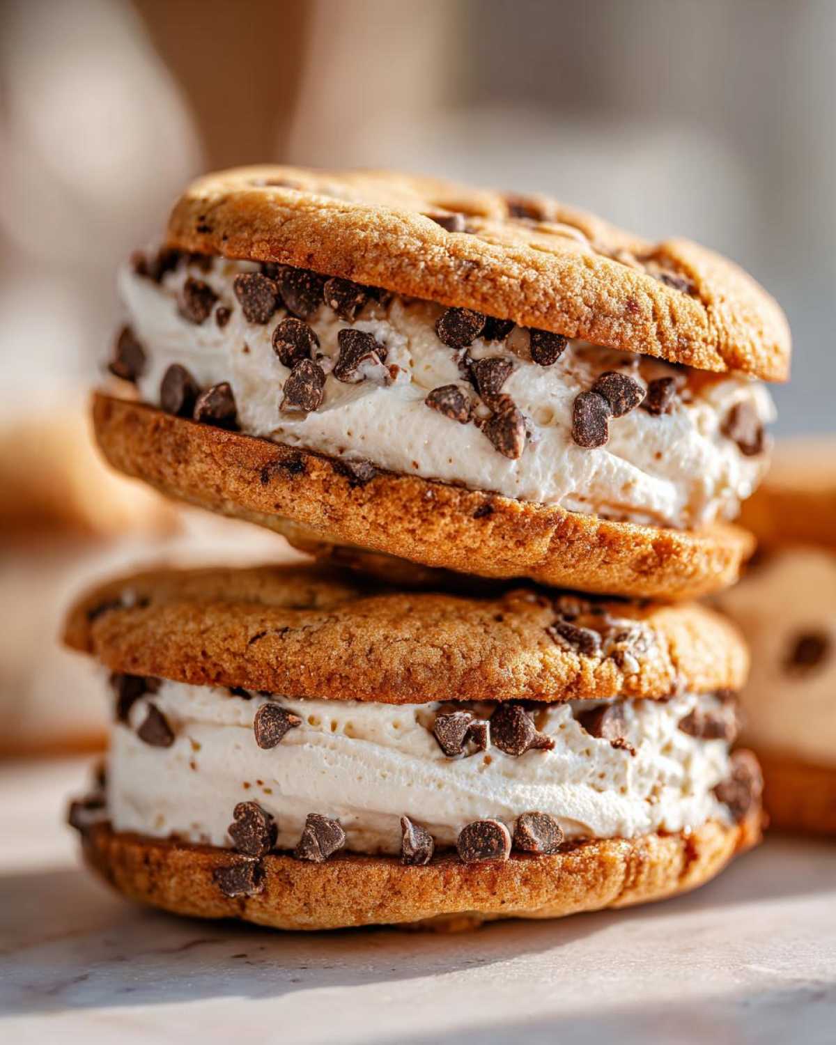 Two stacked chocolate chip cookies filled with creamy ricotta filling, resembling cannoli cookies.