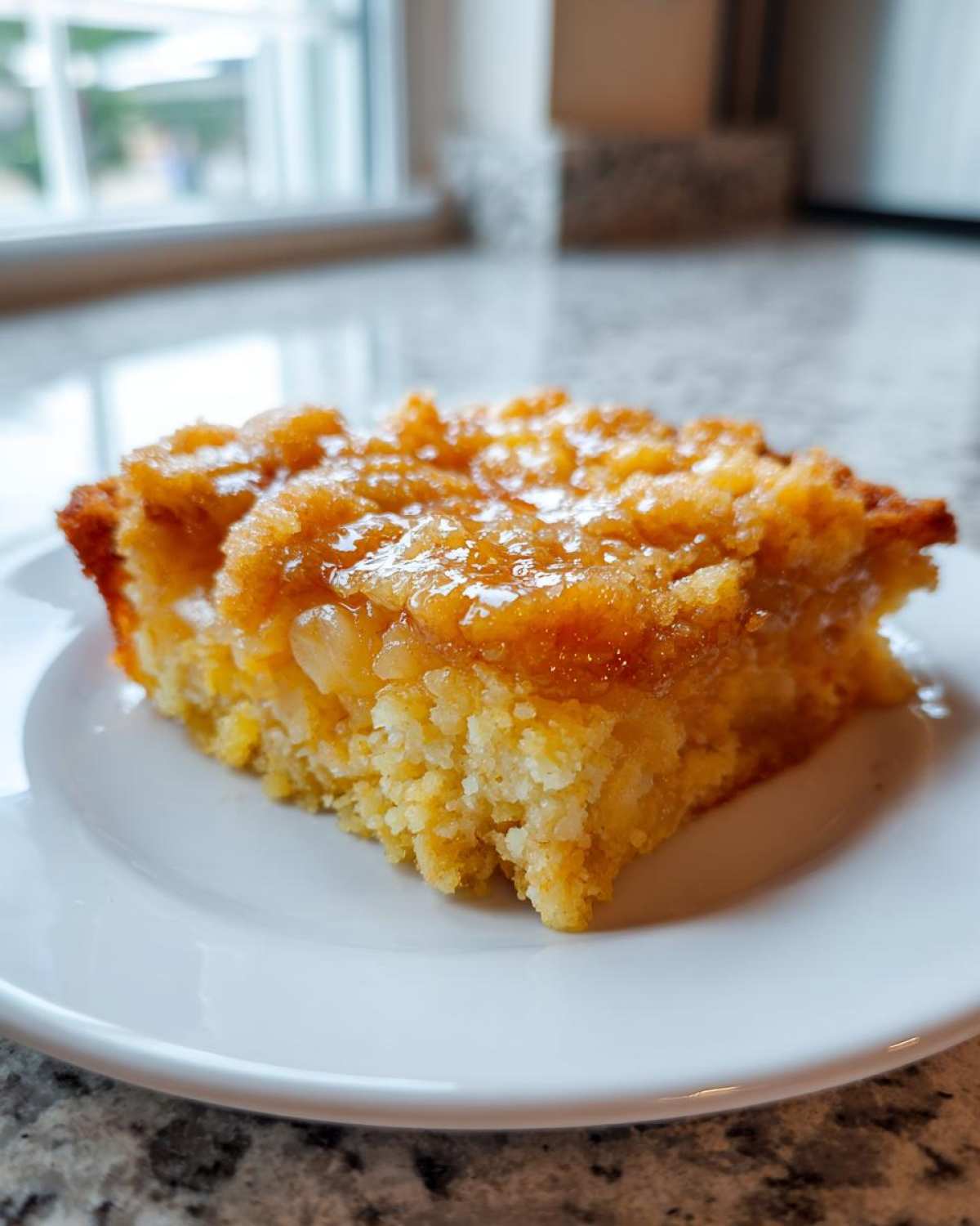 A close-up of a square slice of caramel apple dump cake on a white plate.