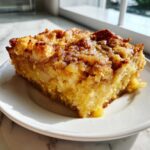 A close-up of a moist slice of caramel apple dump cake with a crumbly, cinnamon-sugar topping on a white plate.