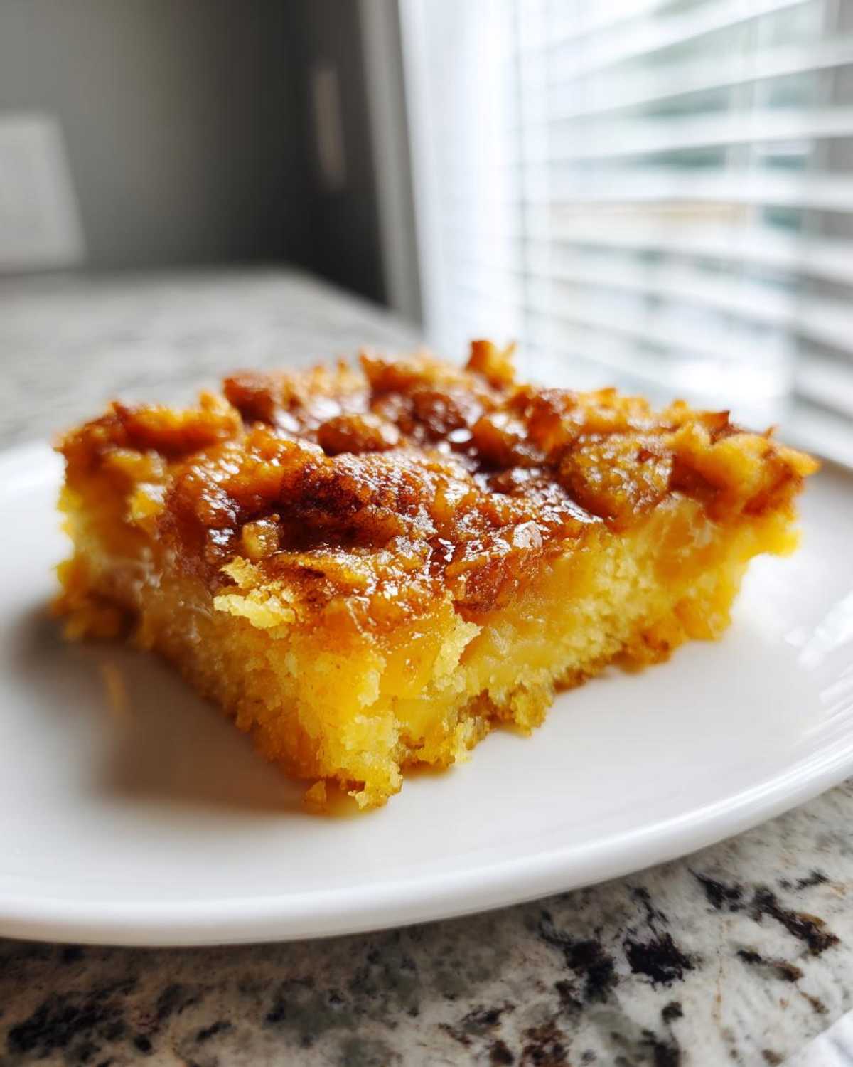 A square slice of moist caramel apple dump cake with a gooey, caramelized topping served on a white plate.