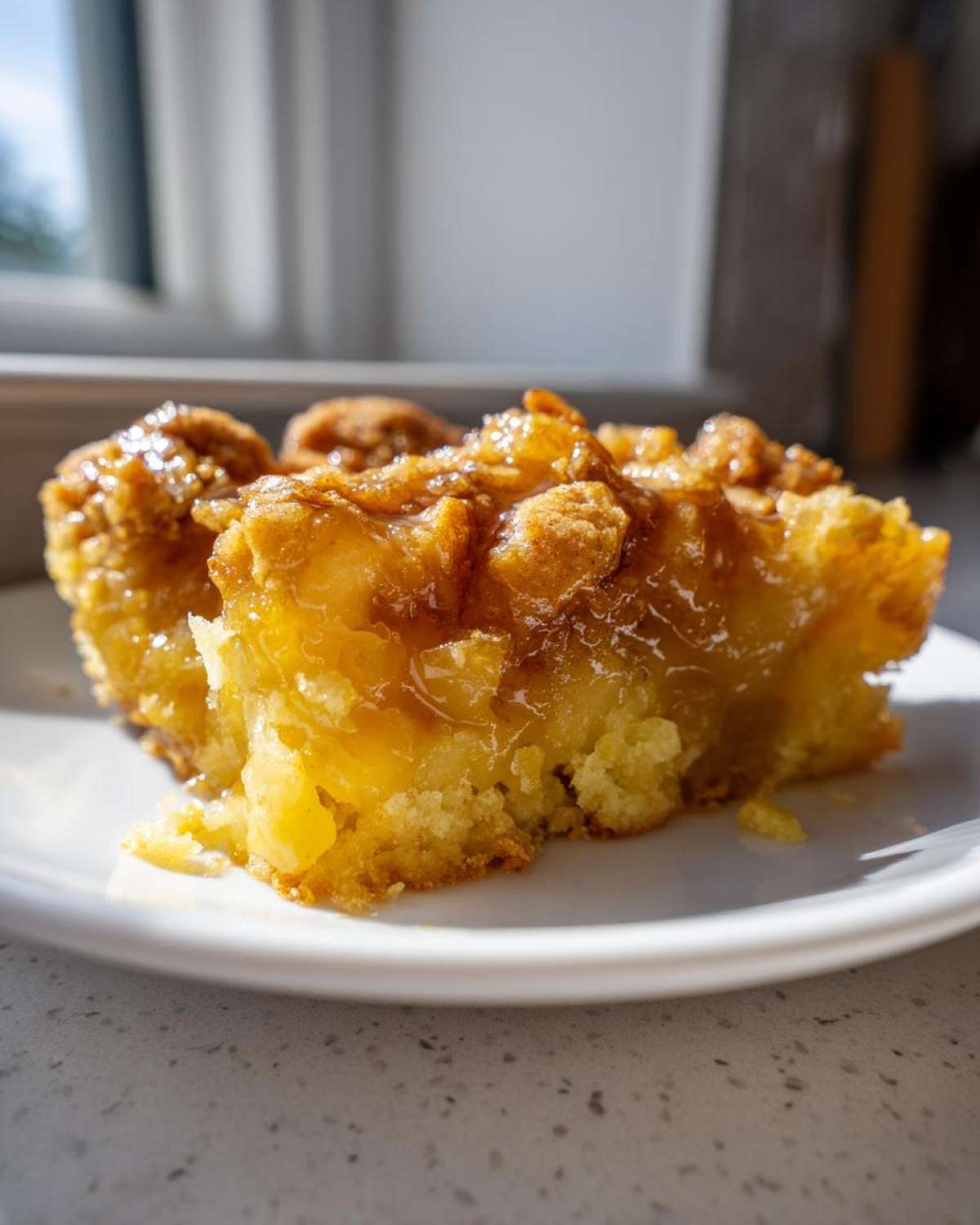 Close-up of a moist slice of caramel apple dump cake with a gooey caramel topping, served on a white plate.