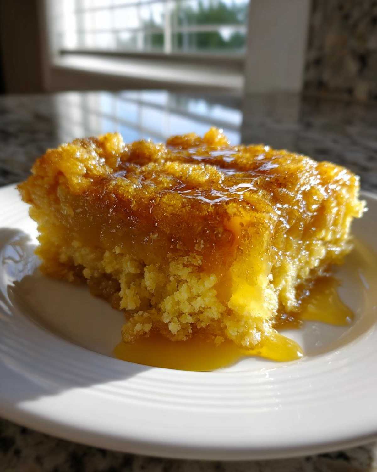 Close-up of a moist slice of caramel apple dump cake drizzled with warm caramel sauce on a white plate.