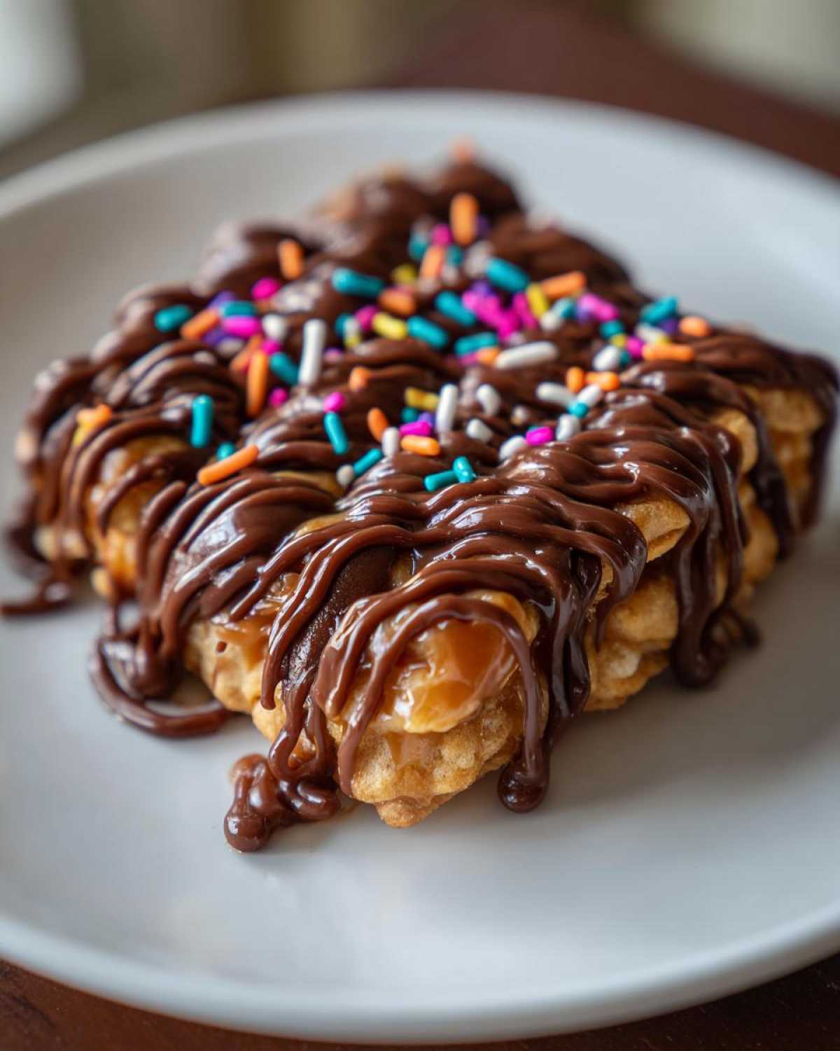 Close-up of a decadent caramel ritz cracker christmas cookies stack drizzled with chocolate and rainbow sprinkles.