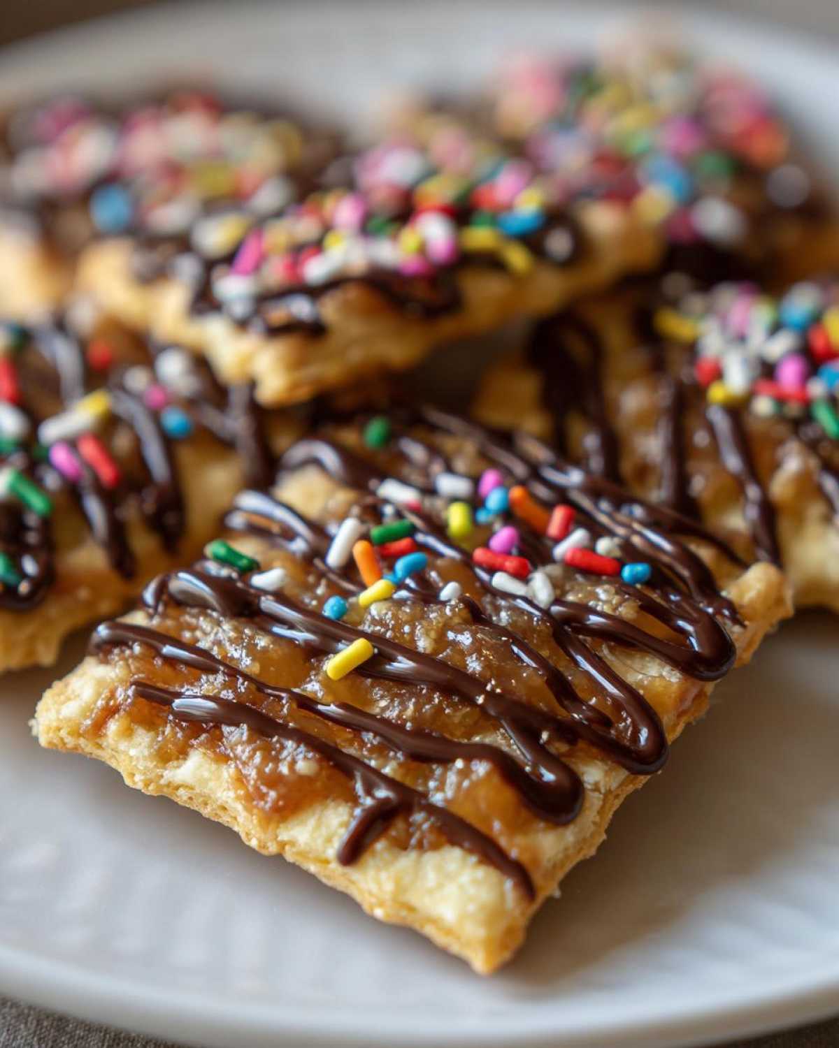 Close-up of caramel ritz cracker christmas cookies topped with chocolate drizzle and colorful sprinkles.