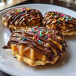 Three delicious caramel ritz cracker christmas cookies topped with chocolate drizzle and colorful sprinkles on a white plate.