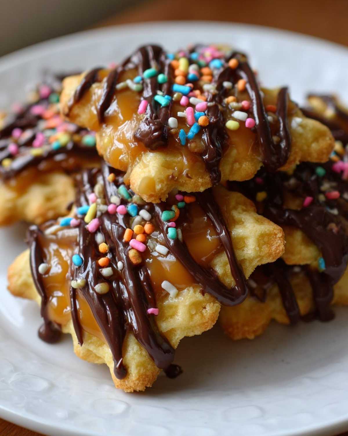 Close-up of star-shaped caramel ritz cracker christmas cookies topped with caramel, chocolate drizzle, and sprinkles.