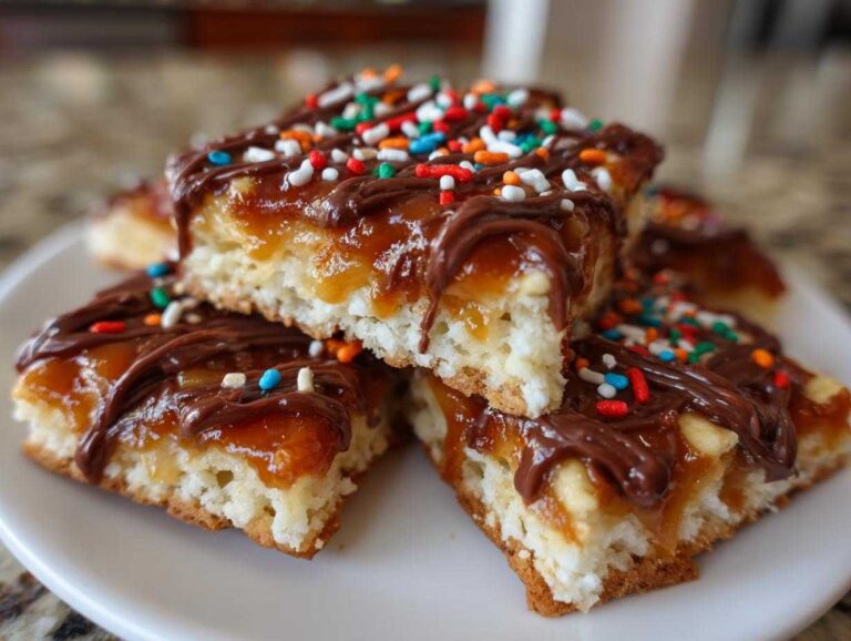 Close-up of stacked caramel ritz cracker christmas cookies topped with chocolate drizzle and sprinkles.