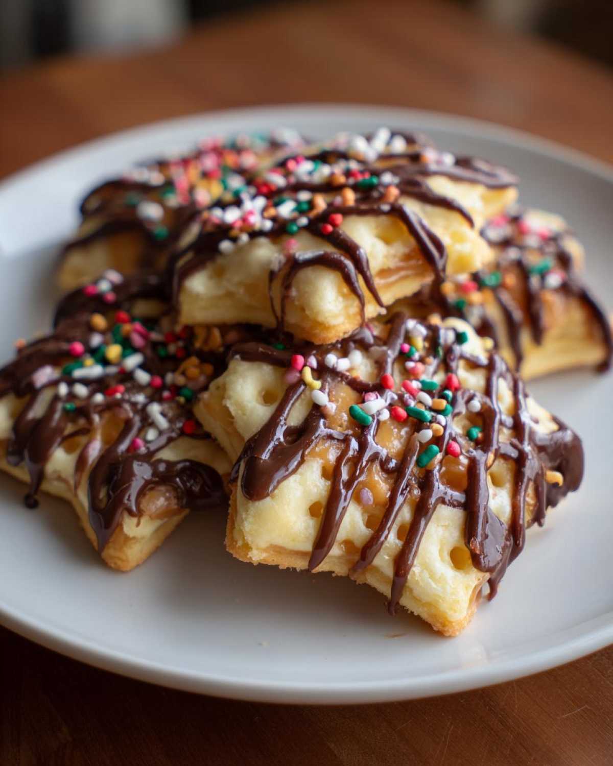 Close-up of star-shaped caramel ritz cracker christmas cookies drizzled with chocolate and sprinkles.