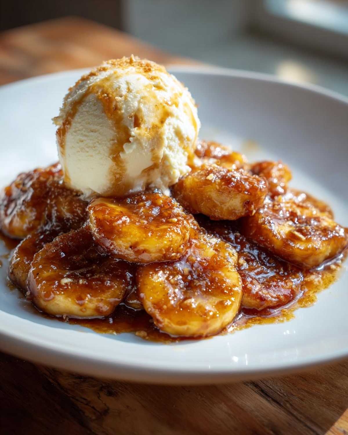 A close-up of caramelized bananas foster topped with a scoop of vanilla ice cream and caramel drizzle.