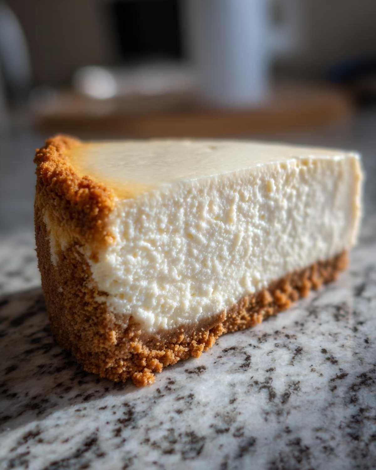 Close-up of a thick slice of creamy cheesecake recipe with a golden graham cracker crust.