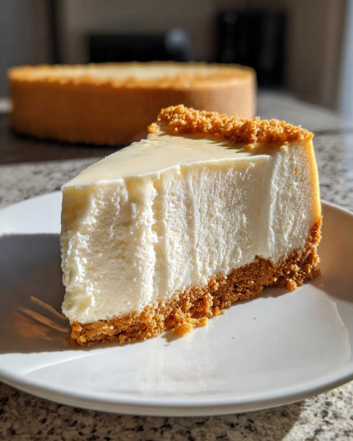 A thick slice of creamy cheesecake recipe with a graham cracker crust, sitting on a white plate.