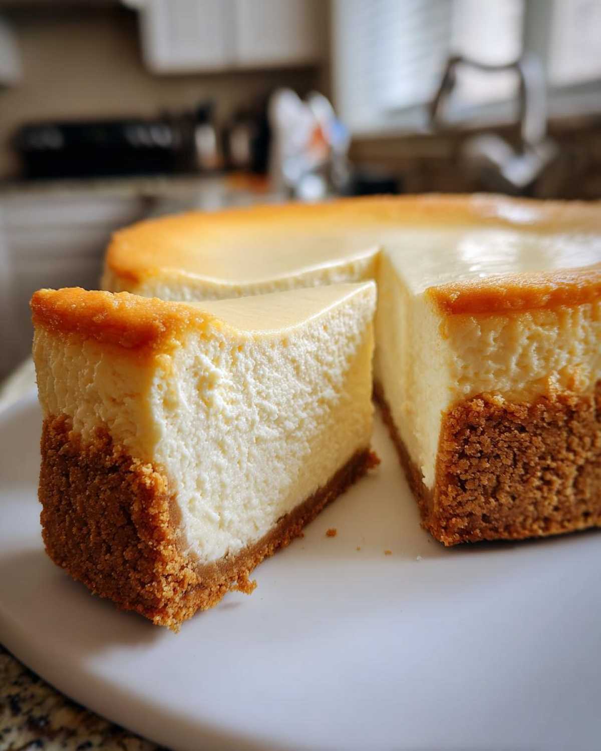 A thick slice of creamy baked cheesecake with a golden-brown graham cracker crust, ready to eat from the whole cheesecake recipe.
