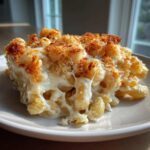 A close-up of a serving of baked mac and cheese recipe with gooey cheese and a crispy breadcrumb topping.