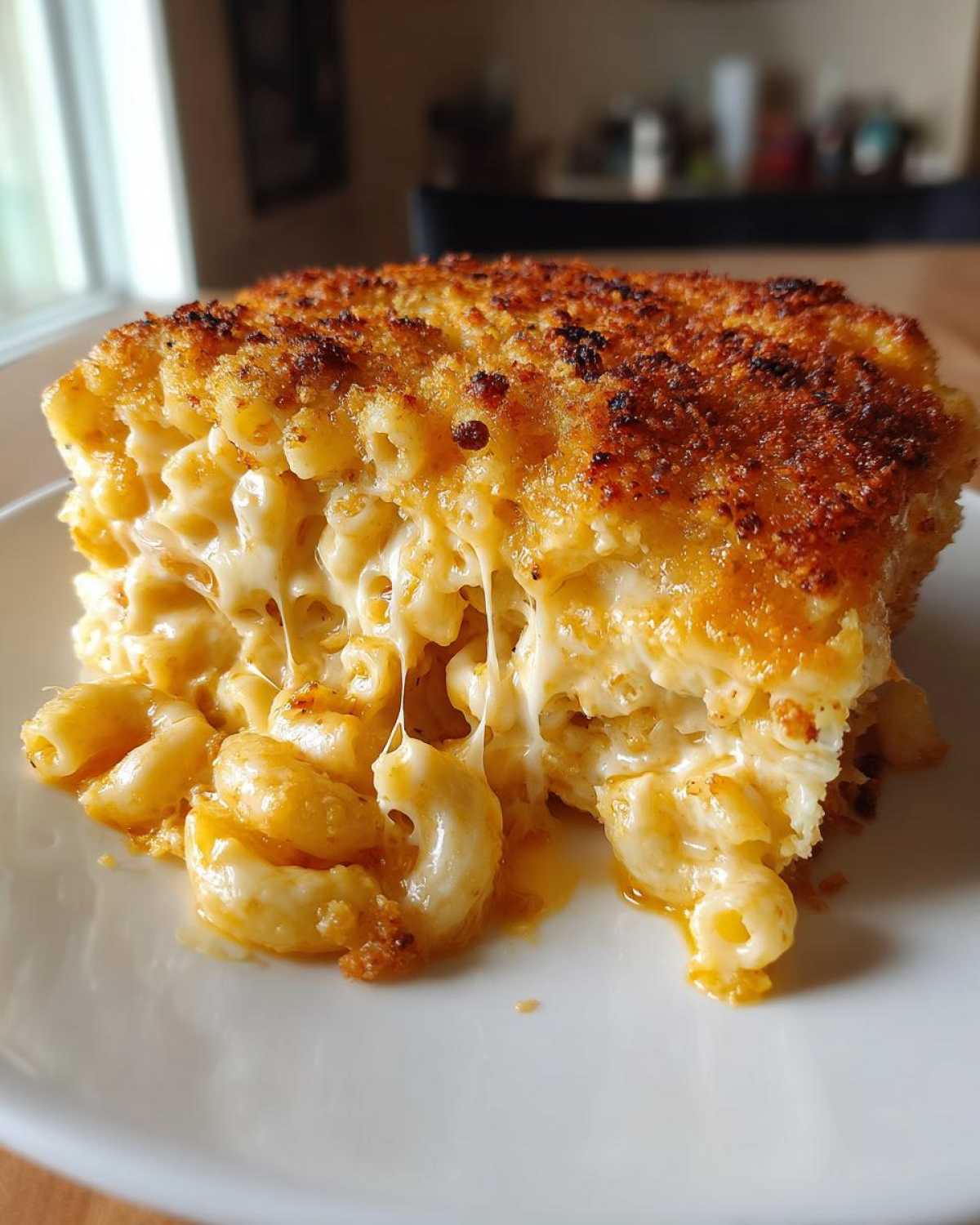 A decadent slice of baked mac and cheese recipe showing extreme cheese pull and a crispy breadcrumb topping.