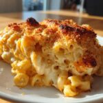 A close-up serving of creamy baked mac and cheese recipe with a golden, crispy breadcrumb topping.