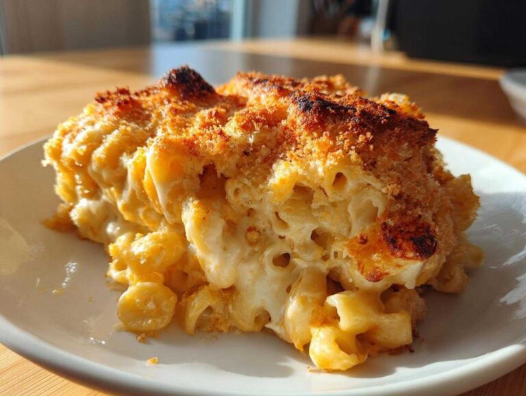 A close-up serving of creamy baked mac and cheese recipe with a golden, crispy breadcrumb topping.