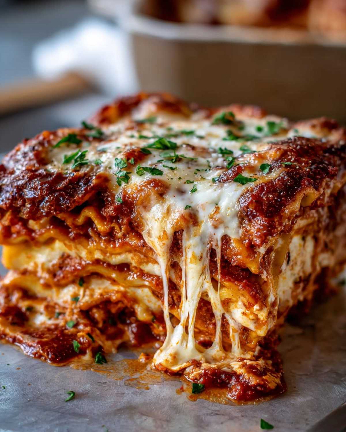 A decadent, cheesy slice of baked ravioli casserole with melted mozzarella stretching down, topped with sauce and parsley.