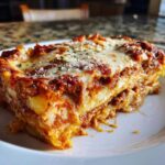Close-up of a cheesy, layered slice of baked ravioli topped with melted mozzarella and Parmesan.