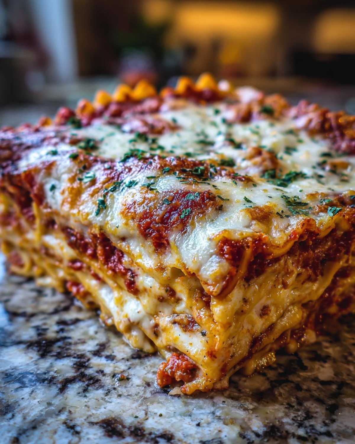 Close-up of a thick, cheesy slice of baked ravioli showing layers of pasta, sauce, and melted cheese.