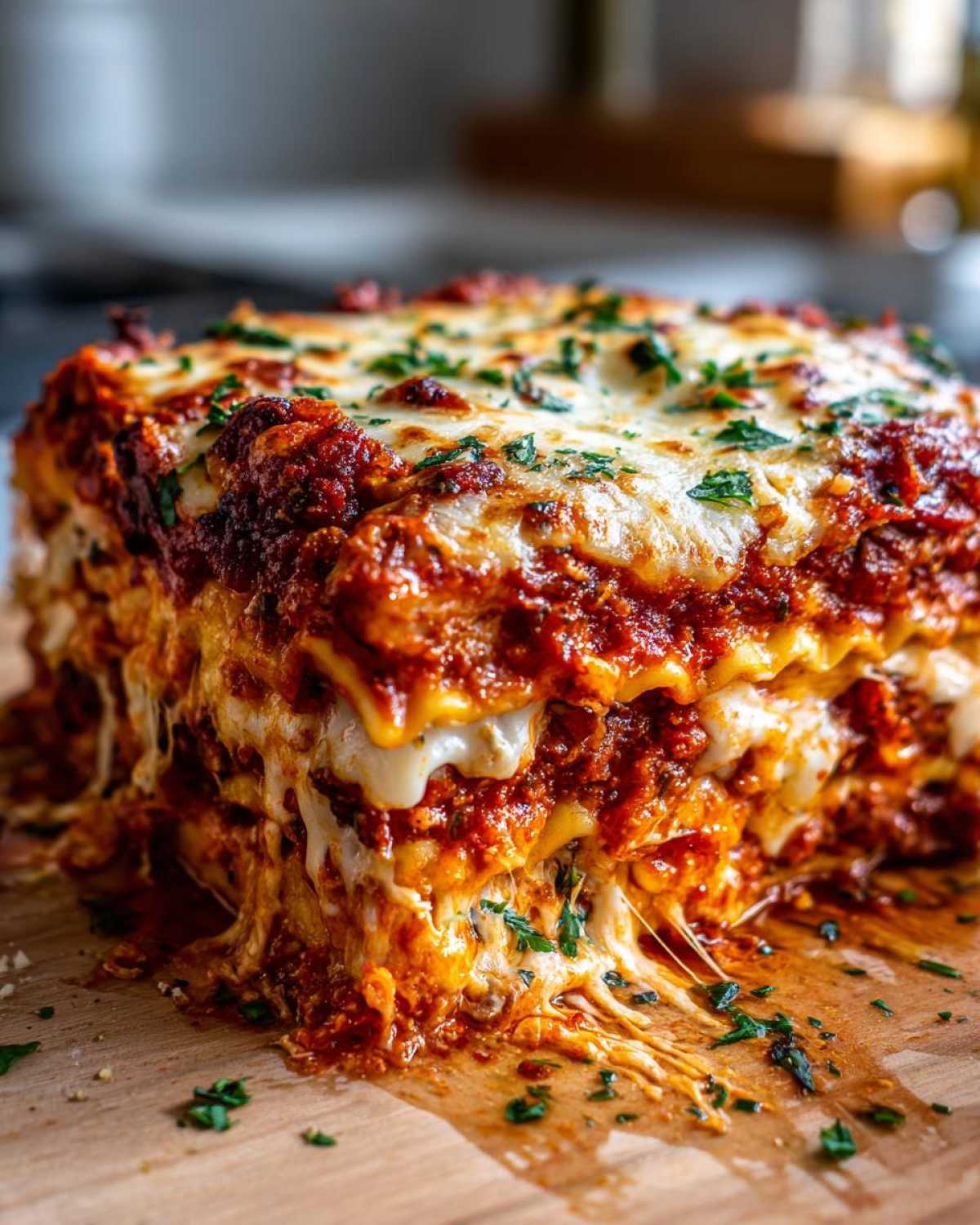 A thick, cheesy slice of baked ravioli layered with rich tomato sauce and melted mozzarella, garnished with parsley.
