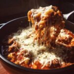 A fork lifts steaming pasta and meat sauce from a bowl of cheesy crockpot lasagna soup, showing a dramatic cheese pull.