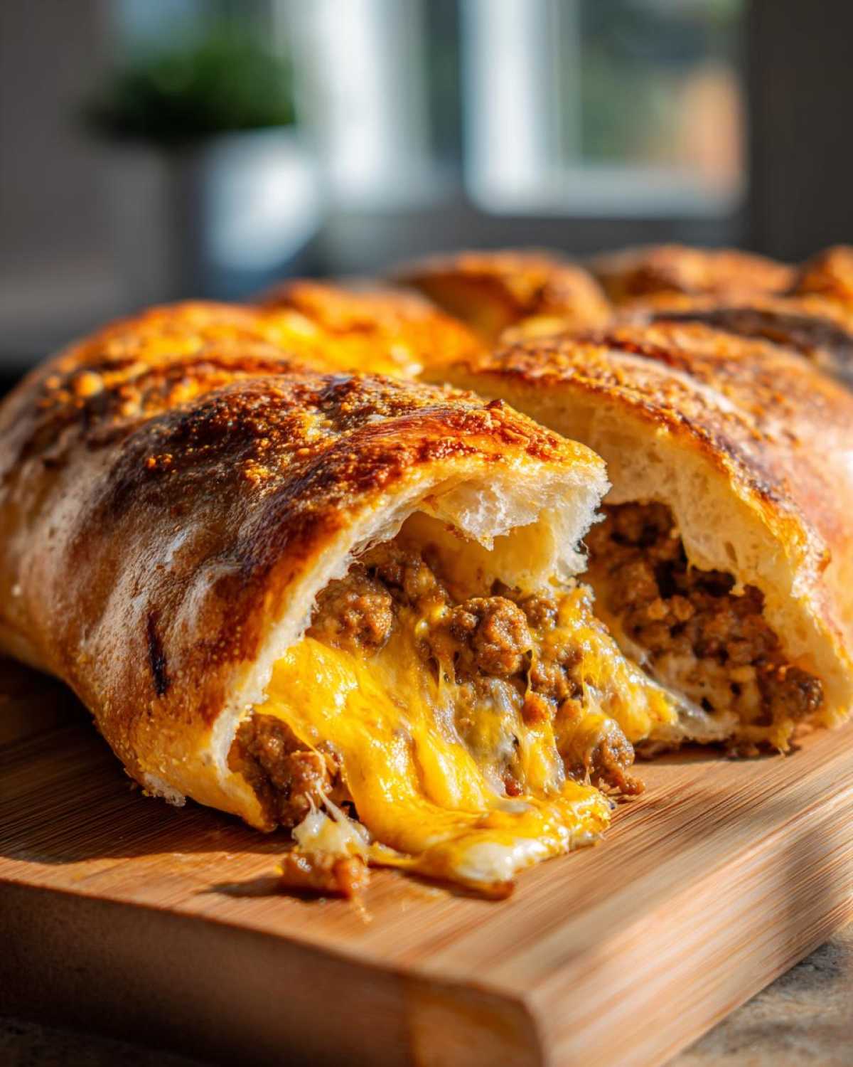 Close-up of a slice of baked garbage bread revealing a gooey, cheesy, and meaty filling.
