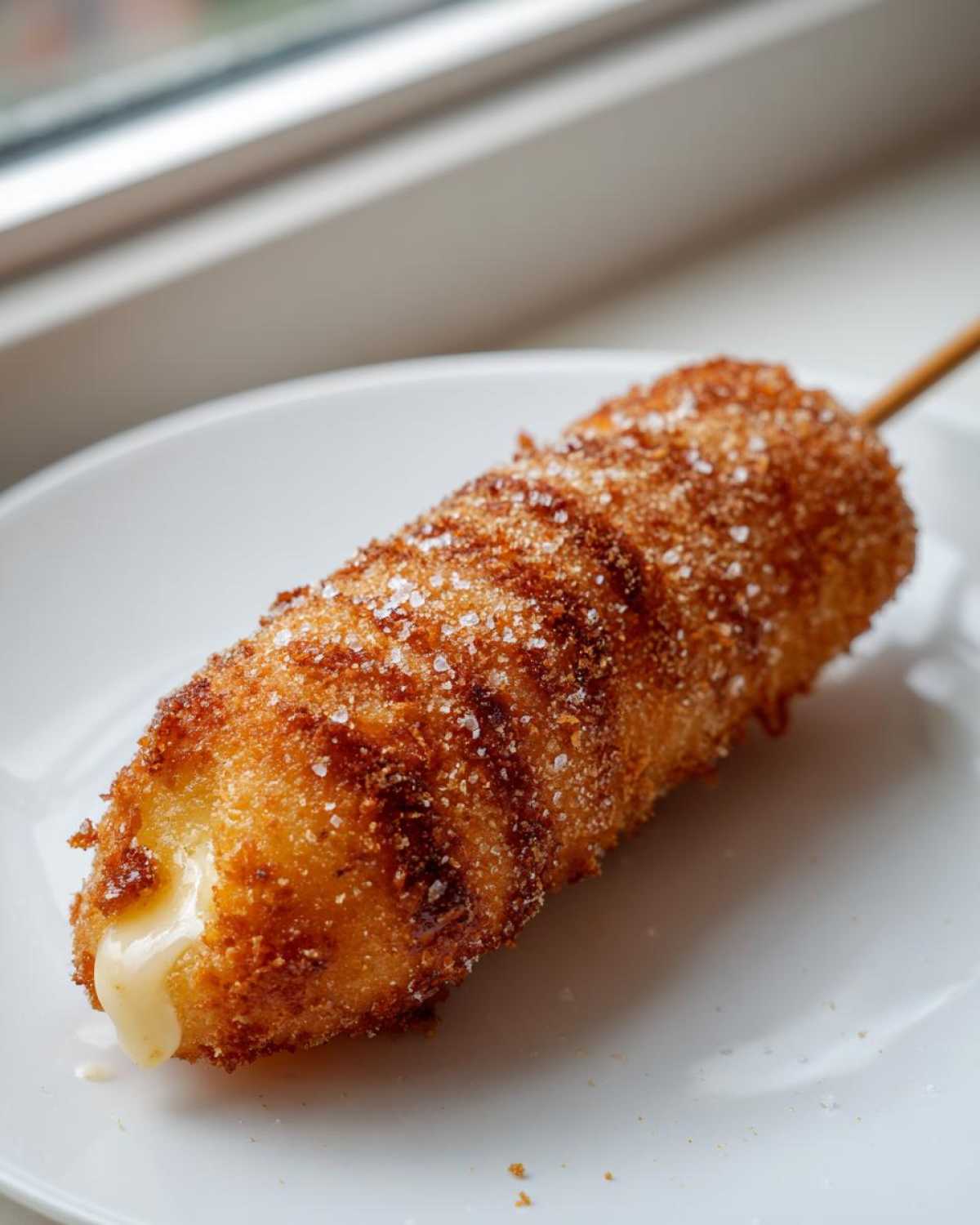 A crispy, sugar-coated korean corn dog on a stick, with melted cheese oozing out the end.