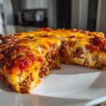 A thick slice removed from a baked Mexican pizza showing layers of seasoned ground beef, cheese, and sauce.