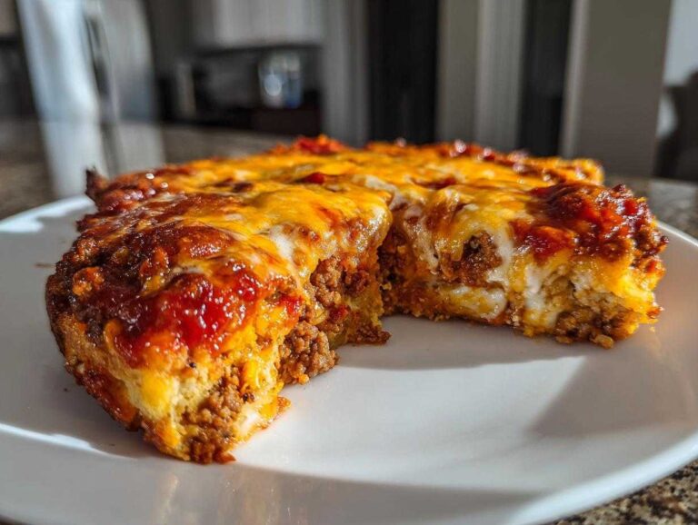 A thick slice removed from a baked Mexican pizza showing layers of seasoned ground beef, cheese, and sauce.