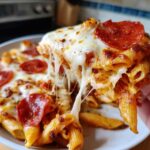 Close-up of a serving of pizza pasta being lifted, showing extreme cheese pull and pepperoni topping.