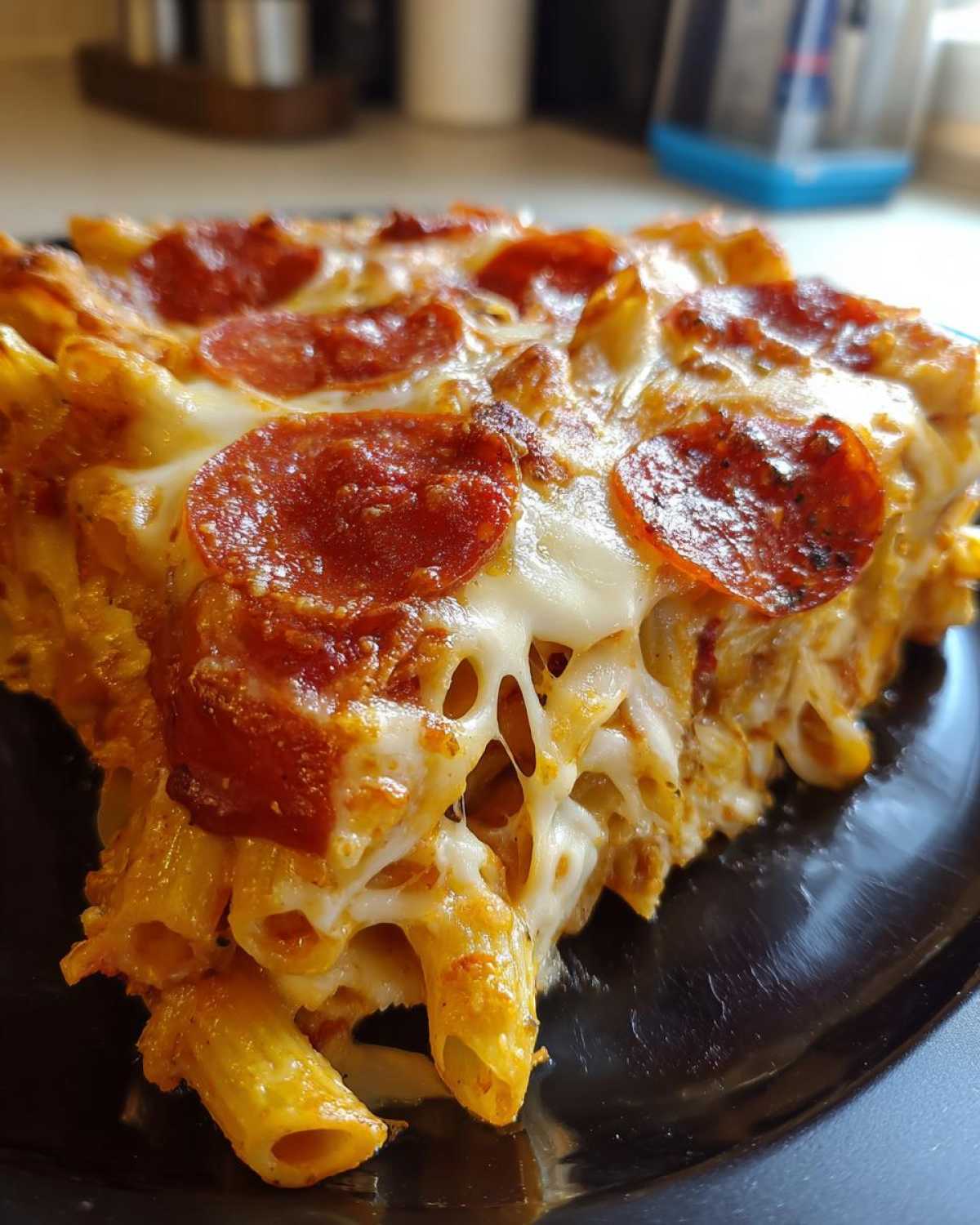 A close-up of a cheesy, baked slice of pizza pasta topped with melted mozzarella and pepperoni slices.