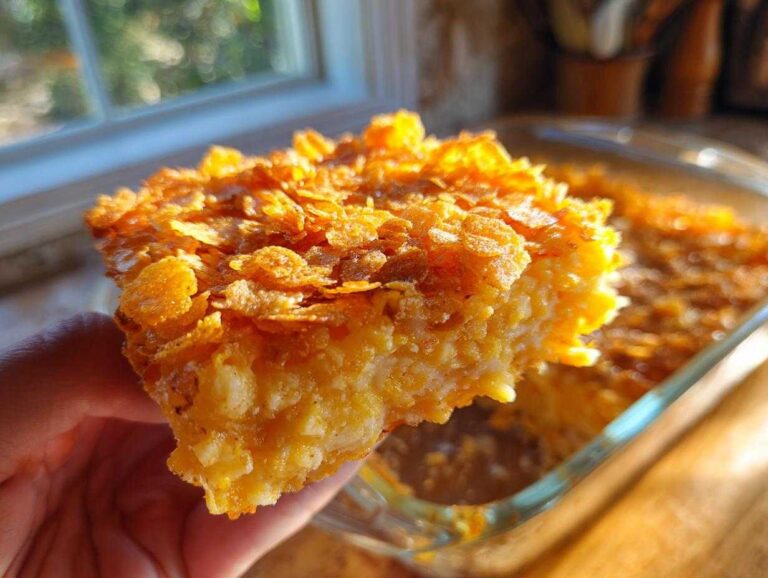 A hand holding a square serving of cheesy potato casserole with a golden, crunchy corn flake topping.